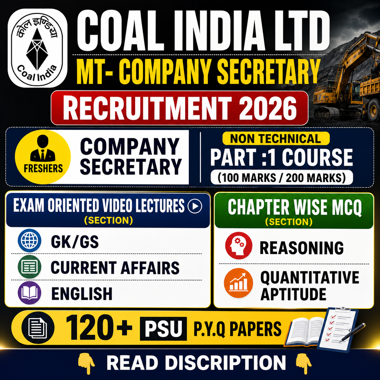 Coal India MT Company Secretary Exam 2026 Video Lectures MCQ Notes Previous Year Question Papers