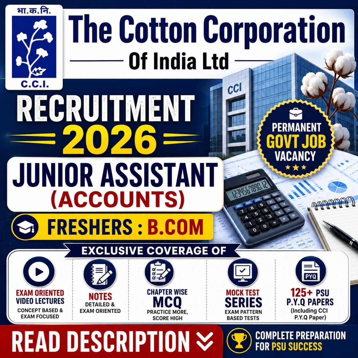 CCI Junior Assistant Accounts 2026 Complete Course Video Lectures Notes MCQS Mock Tests 120 PYQS